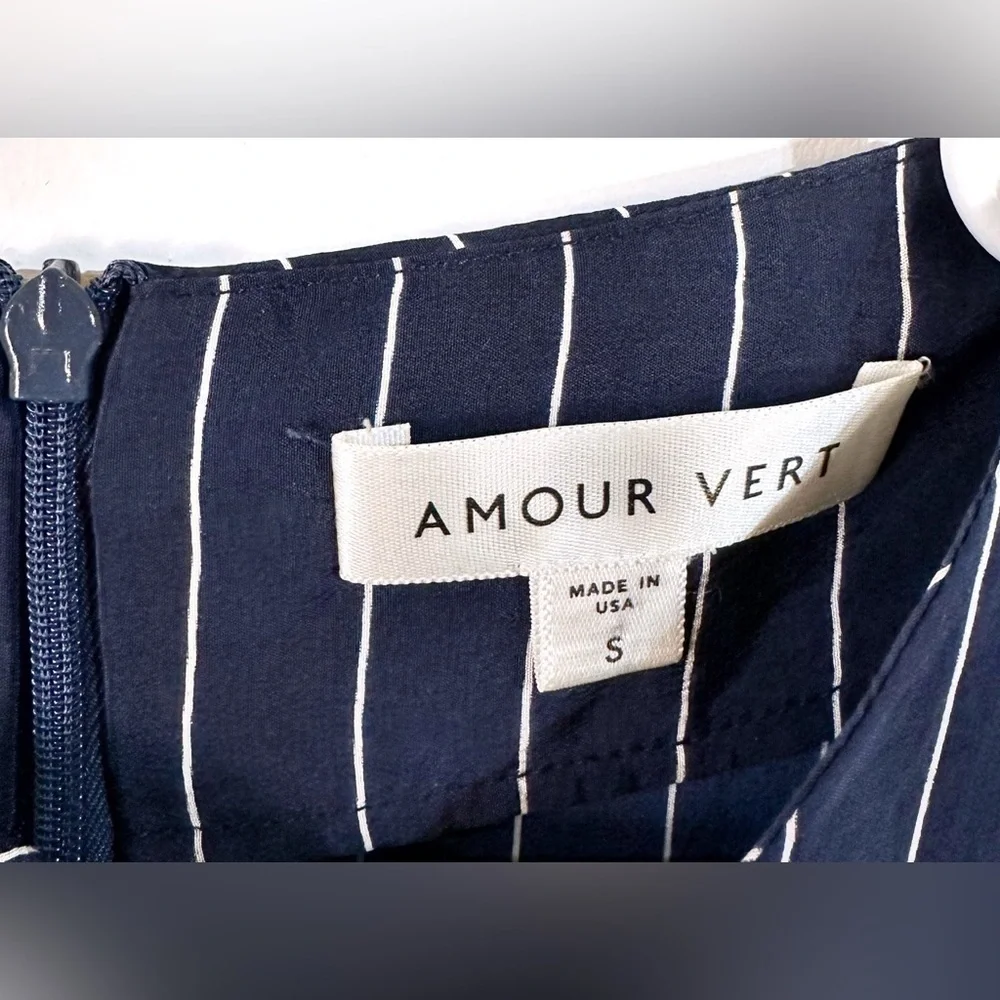 Amour Vert Pin Stripe Ruffle Hem Silk Mini Dress In Navy Blue Size S - Picture 3 of 9